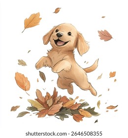 A happy golden retriever puppy leaps with joy amidst falling autumn leaves, rendered in a charming watercolor style.
