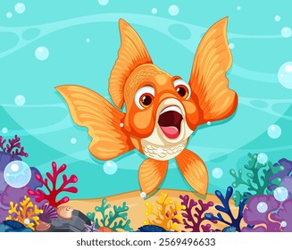 A happy goldfish swimming among colorful coral reefs