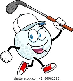 Happy Golf Ball Cartoon Character Running With Golf Stick. Vector Hand Drawn Illustration Isolated On Transparent Background