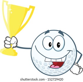 Happy Golf Ball Holding Golden Trophy Cup