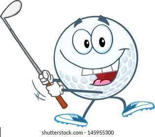 Happy Golf Ball Swinging A Golf Club. Vector EPS 10