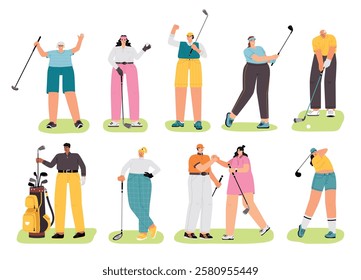 Happy golf players. Cute people with clubs congratulate each other on good game, rolling ball into hole on green field, sport, vector set