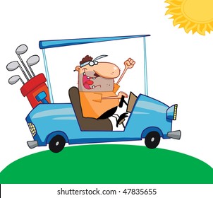 Happy Golfer Drives Golf Cart A Green Hill On A Golf Course