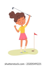 Happy golfer winning vector illustration. Cartoon isolated young girl holding golf club, hitting ball to hole with red triangle flag on pole, victory of player character playing professional golf