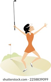 Happy golfer woman on the golf court. 
Smiling golfer woman happy to make a good shot
