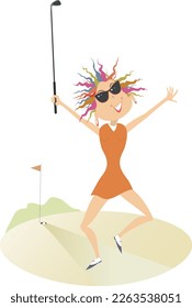 Happy golfer woman on the golf court. 
Smiling golfer woman happy to make a good shot
