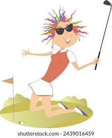 Happy golfer woman on the golf court. 
Kneeling golfer woman happy to make a good shot
