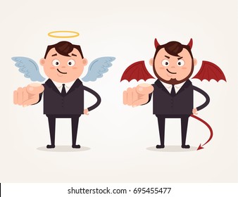 Happy good angle and bad angry devil business man characters pointing on you with finger. Vector flat cartoon illustration