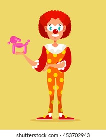 Happy good clown making balloon dog. Vector flat cartoon illustration