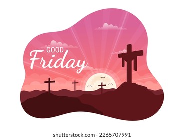 Happy Good Friday Illustration with Christian Holiday of Jesus Christ Crucifixion in Flat Cartoon Hand Drawn for Web Banner or Landing Page Templates