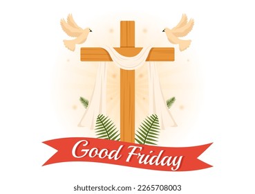 Happy Good Friday Illustration with Christian Holiday of Jesus Christ Crucifixion in Flat Cartoon Hand Drawn for Web Banner or Landing Page Templates