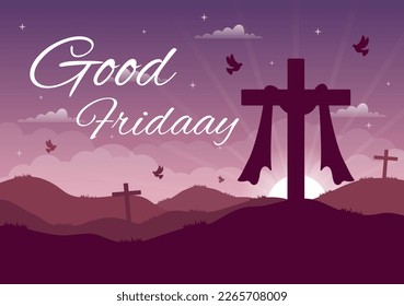 Happy Good Friday Illustration with Christian Holiday of Jesus Christ Crucifixion in Flat Cartoon Hand Drawn for Web Banner or Landing Page Templates