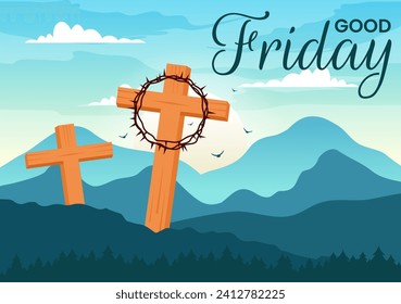 Happy Good Friday Vector Illustration with Christian Holiday of Jesus Christ Crucifixion and Pigeons in Flat Cartoon Background Design