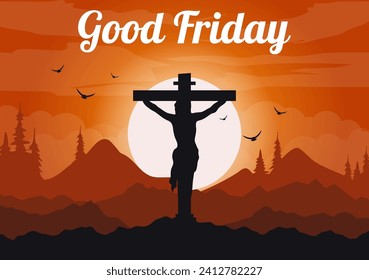 Happy Good Friday Vector Illustration with Christian Holiday of Jesus Christ Crucifixion and Pigeons in Flat Cartoon Background Design