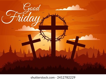 Happy Good Friday Vector Illustration with Christian Holiday of Jesus Christ Crucifixion and Pigeons in Flat Cartoon Background Design