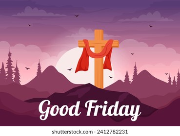 Happy Good Friday Vector Illustration with Christian Holiday of Jesus Christ Crucifixion and Pigeons in Flat Cartoon Background Design