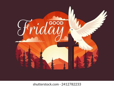 Happy Good Friday Vector Illustration with Christian Holiday of Jesus Christ Crucifixion and Pigeons in Flat Cartoon Background Design