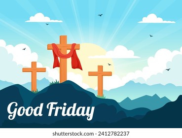 Happy Good Friday Vector Illustration with Christian Holiday of Jesus Christ Crucifixion and Pigeons in Flat Cartoon Background Design