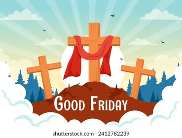 Happy Good Friday Vector Illustration with Christian Holiday of Jesus Christ Crucifixion and Pigeons in Flat Cartoon Background Design