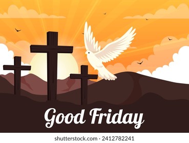 Happy Good Friday Vector Illustration with Christian Holiday of Jesus Christ Crucifixion and Pigeons in Flat Cartoon Background Design