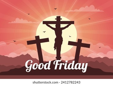 Happy Good Friday Vector Illustration with Christian Holiday of Jesus Christ Crucifixion and Pigeons in Flat Cartoon Background Design