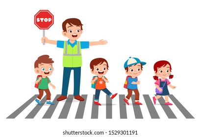 happy good man help kids cross road