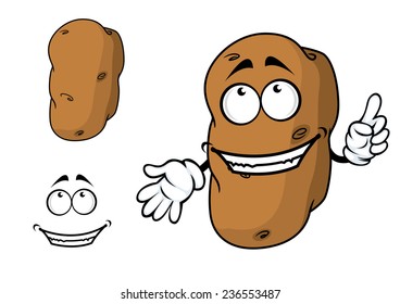 Happy goofy cartoon potato character with a big smile pointing a finger in the air and a second plain variant, vector illustration