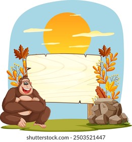 Happy gorilla beside a blank wooden sign