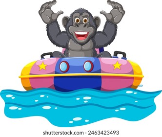 A happy gorilla enjoying a ride on a watercraft