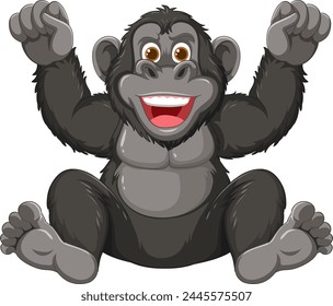 A happy gorilla with raised arms and a big smile