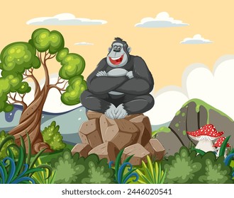 A happy gorilla sitting among vibrant nature