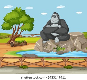 A happy gorilla sitting by a tranquil pond