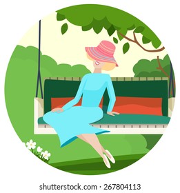 Happy graceful woman sitting in a summer garden relaxing on a swing under a leafy green tree enjoying the sunshine, vector illustration