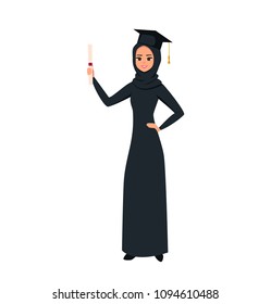 The happy graduate Arab girl student of the College or University. Islamic graduate woman holding a diploma in her hand. vector illustration isolated from white background