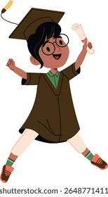 Um feliz menino de pós-graduação pula com um diploma na mão, desenhado em um estilo de desenho animado lúdico. Um personagem em um boné e vestido salta com emoção, segurando um certificado rolado. Ilustração de vetor de desenhos animados.