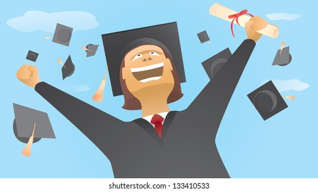 Happy graduate and caps up in the air