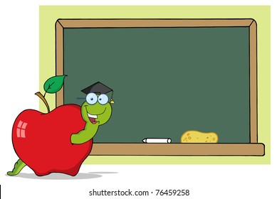 Happy Graduate Cartoon Worm In Apple And School Chalk Board