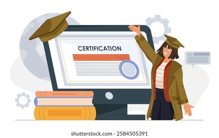 A happy graduate celebrates online certification beside a large computer screen, wearing a cap and gown. Education and success concept