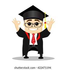 Happy graduate. Happy character graduate. Flat illustration. Illustration of cute boy graduate. Young graduate isolated on white background. Vector illustration. Manager character in graduate costume.