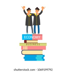 Happy graduate characters university or school celebrating, boys and girls in graduation gown and cap holding diploma atop of books. Isolated on a white background. Vector illustration eps 10