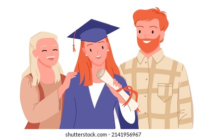 Happy graduate and family standing together vector illustration. Cartoon portrait of mother, father and student in gown and cap with tassel, proud girl holding graduation diploma isolated on white