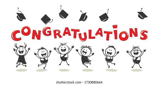 Happy graduate. Funny man throws his hat up, greeting card. Vector illustration.