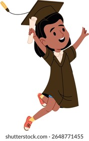 A happy graduate Girl in a cap and gown jumps with excitement holding a diploma in cartoon style. The character celebrates success with a wide smile and raised arms. Cartoon vector illustration.