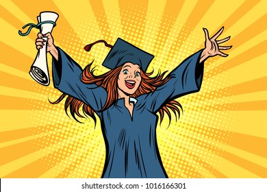 Happy Graduate Girl Student Of The College Or University. Comic Book Cartoon Pop Art Retro Illustration Vector