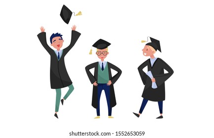 Happy Graduate Guys In Academic Clothes Vector Illustration Set Isolated On White Background