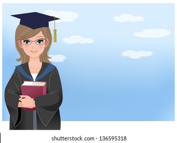 Happy graduate holding book against blue sky background. File contains Gradients,Gradient mesh, Blending tool and Transparency.