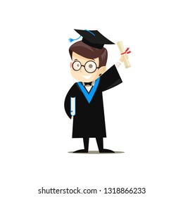Happy graduate holding a book and diploma in his hands. Vector illustration.
