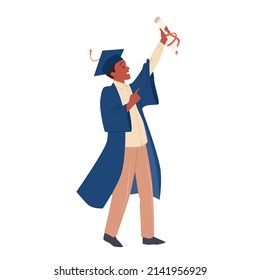 Happy graduate holding diploma in hand vector illustration. Cartoon boy celebrating success achievement, end of school, college or university high education isolated on white. Celebration concept