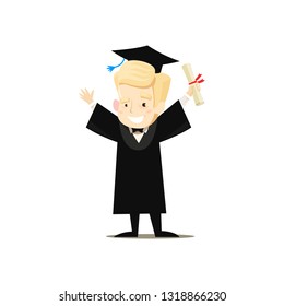 Happy graduate holds diploma in his hand holding his hands up. Vector illustration.