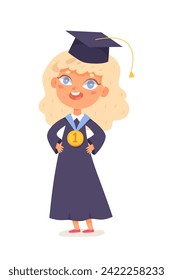 Happy graduate kid with gold medal for first place vector illustration. Cartoon isolated smart girl in academic gown and hat celebrating success of school graduation.